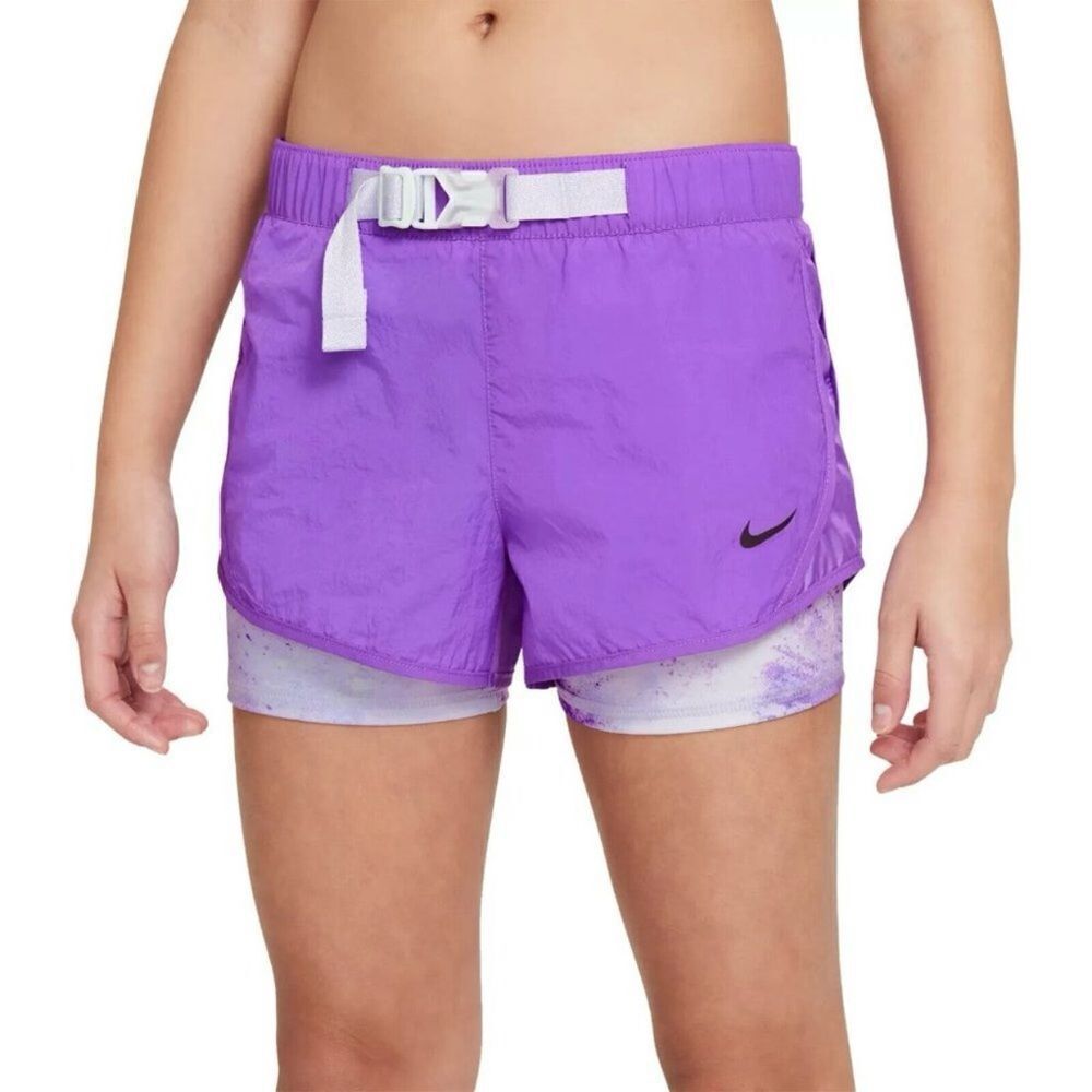 Nike Girls Purple Tempo Tie Dye 2 in 1 Layers Running Shorts Size XL